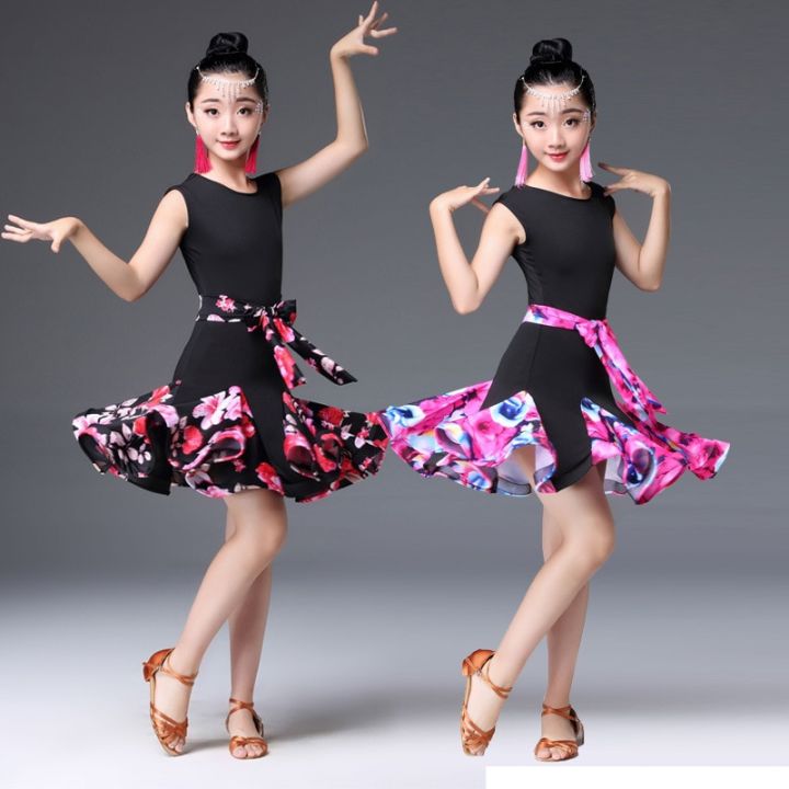 ชุดเต้นละตินลายดอกไม้ชุดเต้นแบบละตินชุดเต้นสีดำสีแดงชุดแทงโก้เด็กหญิงชุดเดรสเต้นรำ
