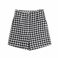 KPYTOMOA Women  Fashion Houndstooth Tweed Bermuda Shorts Vintage High Waist Zipper Fly Female Short Pants Mujer