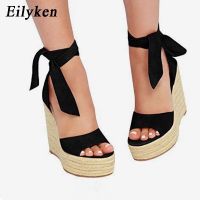 รองเท้าแตะ Eilyken Wanita Ujung Terbuka Hitam Solid Simpul Kupu-Kupu Musim Panas Modis Sepatu Hak Tinggi Sepatu Gaun Pergelan Kaki Dasi Kupu-Kupu-Kupu