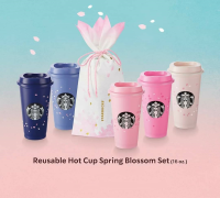Starbucks Reusable Hot Cup Spring Collection 2021 แก้วร้อน รียูส สตาบัค ลายซากุระ 1 เซ็ท มี 5 ใบ