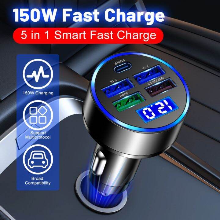 5 Port USB Car Charger Type C PD 150W Fast Charging Adapter for iphone