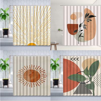 Nordic Modern Geometry Shower Curtain Set Plant Flower Green Leaf Sun Watercolor Art Wall Decoration Bathroom Curtains Polyester