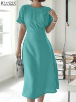 【HOT】✹ ZANZEA Fashion Short Sleeve Color Office Sundress A-lline O Neck Vestido Robe