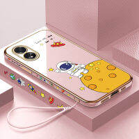 เคสใส่โทรศัพท์สำหรับ OPPO ฟรีสายคล้อง A38 A18 + การ์ตูนน่ารักแฮปปี้นาซ่าอวกาศนักบินอวกาศรูปแบบขอบสี่เหลี่ยมปลอกชุบหรูหราเคสโทรศัพท์นุ่ม