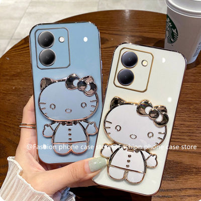 เคสโทรศัพท์ VIVO Y36 5G 4G เคส Phone Case น่ารักการ์ตูน Hello-Kitty เคสชุบลูกอมพร้อมกระจกแต่งหน้าพกพาที่วางโทรศัพท์ปกอ่อน VIVOY36 2023