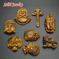 ZZOOI 2pcs Natural Tiger Eyes Fine Carved Craft Pendants Cross Buddha Pixiu Jesus Fashion Unisex Jewelry Charms