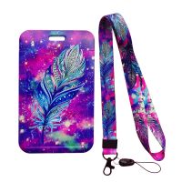 Feather Pattern Work Card Holders With Lanyard Bank Card Name Card Holders Card Bus ID Holders Identity Badge With Neck Strap Card Holders