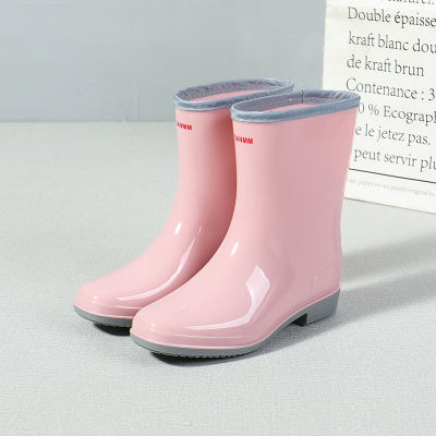 Pvc Water Shoes Women Thick Heel Mid Calf Boots Waterproof  Color Female Casual Rainboots for Rain Winter Warm Sock Boots