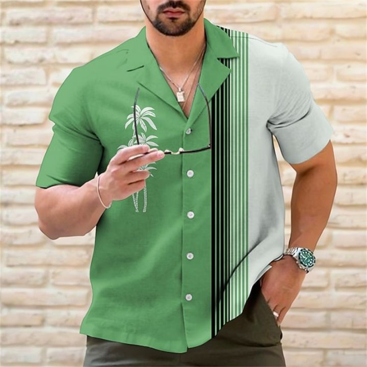 เสื้อฮาวาย6สี2023สำหรับผู้ชาย-เสื้อฮาวายแฟชั่นถนนแขนสั้นปาร์ตี้ลายทางชายหาด