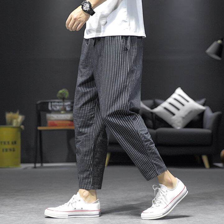 summer-mens-large-size-classic-harem-pants-3-colors-casual-fashion-stripe-drawstring-cropped-pants-linen-thin-trousers