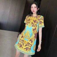 YS European Goods High-end Joint Fashion Slim Western-style Printed Round Neck Straight Dress Women