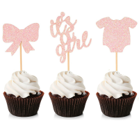 12 ชิ้นสาว Cupcake Toppers Glitter Bow Jumpsuits ตกแต่งห้องอาบน้ำเด็กสำหรับ 1st วันเกิดเด็กสาวเค้ก Party Supplies-sdgerte