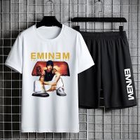 ชุดสูทผู้ชาย Eminem กางเกงขาสั้นเสื้อยืดพิมพ์ลาย Slim Shady สำหรับแขนสั้นสำหรับผู้ชายชุดกีฬากางเกงขาสั้นเสื้อยืดลำลองขนาดใหญ่ฮิปฮอปชุดสองชิ้น