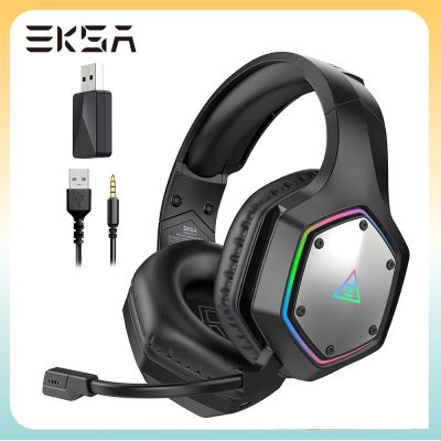 EKSA ชุดหูฟังสำหรับเล่นเกมไร้สาย RGB 2.4กิกะเฮิร์ตซ์พร้อมเสียงเซอร์ราวด์7.1 ENC หูฟังพร้อมไมค์เวลาแฝงต่ำ30มิลลิวินาทีสำหรับพีซี PS4เพลงเกม PS5