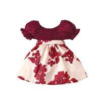 Kid Baby Girl Princess Summer Dress, Puff Short Sleeve Off Shoulder Flower Printed Patchwork Ruched A-Line Dress with Belt 6M-5T  by Hs2023