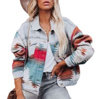 ZZOOI Women Fashion Boho Patchwork Jacket Bohemian Aztec Print Denim Coat Vintage Geometric Jeans Woolen Shirt Slit Button Outwear