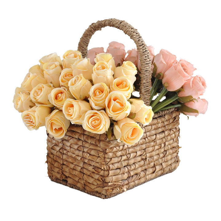 ดอกไม้ปลอมงานแต่งงานช่อดอกไม้มือ12ดอกตูมดอกกุหลาบมัดมือตกแต่งดอกไม้ประดิษฐ์แต่งบ้านถ่ายรูป