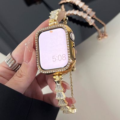 Diamond Case Band for Apple Watch Series 8 41 45mm Ultra 49mm 40 38mm Women Metal Strap for iWatch 8 6 3 4 5 Se 2 44 42mm Correa Straps