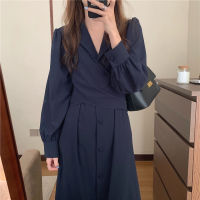 Korean Chic Dress Women Design Suit Collar Shows Thin Waist Tie Knot Knee Length Dress Jum