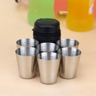 hot【DT】◑  6Pcs/Set Outdoor 30ml Shot Glass Cup Drinking Wine Glasses With Leather Cover Bar