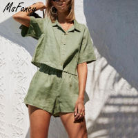 Msfancy Cotton Summer Sets Women 2021 Harajuru Green Short Sleeve Loose Shirt Elastc Waist Shorts Two Pics Pajamas