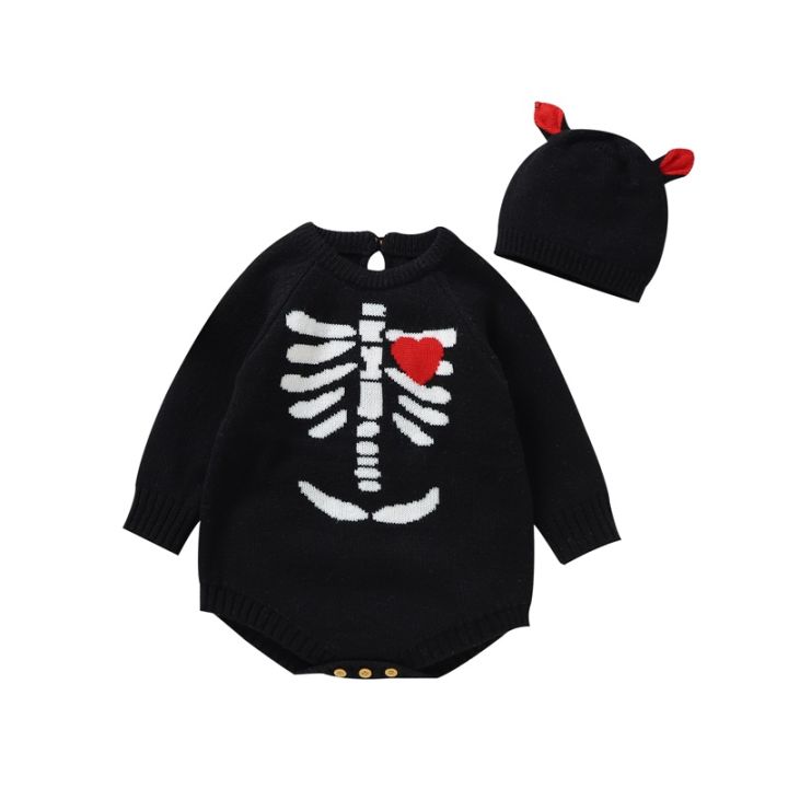 ชุดโครงกระดูกแขนยาวชุดเสื้อผ้าฮาโลวีนสำหรับเด็กทารกชุดทารก2ชิ้นชุดชุดรอมเปอร์มีหมวกลายหัวใจ