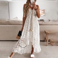 fgjre335 ขายดีที่สุด - / Boho Dress ผู้หญิงฤดูร้อน Maxi D Ress เลดี้ปิดไหล่วันหยุดลูกไม้คอ V ปาเก็ตตี้สาย S Undress ชุดสีขาว Vestidos De Mujer