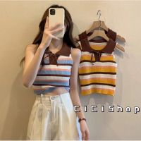 Cici(Y046)เสื้อแขนกุดลายทาง คอปก แต่งสายผูกโบว์ สีพาสเทลสลับ น่ารักมินิมอลมากก