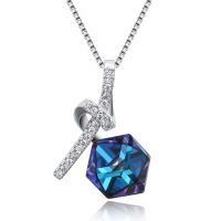 YINGRUIARNO Women Necklace S925 pure silver necklace  Blue Crystal Square sugar Pendants and necklaces