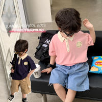 Childrens short-sleeved polo shirt boys and girls 2023 Summer elegant college style top baby lapel T-shirt in contrast color fashion