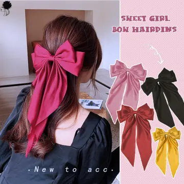 Pink Hair Bow Large Satin French Bow Hairpins Butterfly Barrettes for Women  Girls Solid Long Big Bow Hair Clip Hairgrip