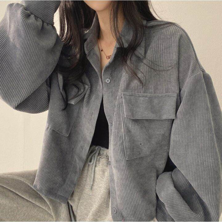 spot-korean-french-style-vintage-single-breasted-lapel-corduroy-shirt-long-sleeve-coat-female-fashion-2023