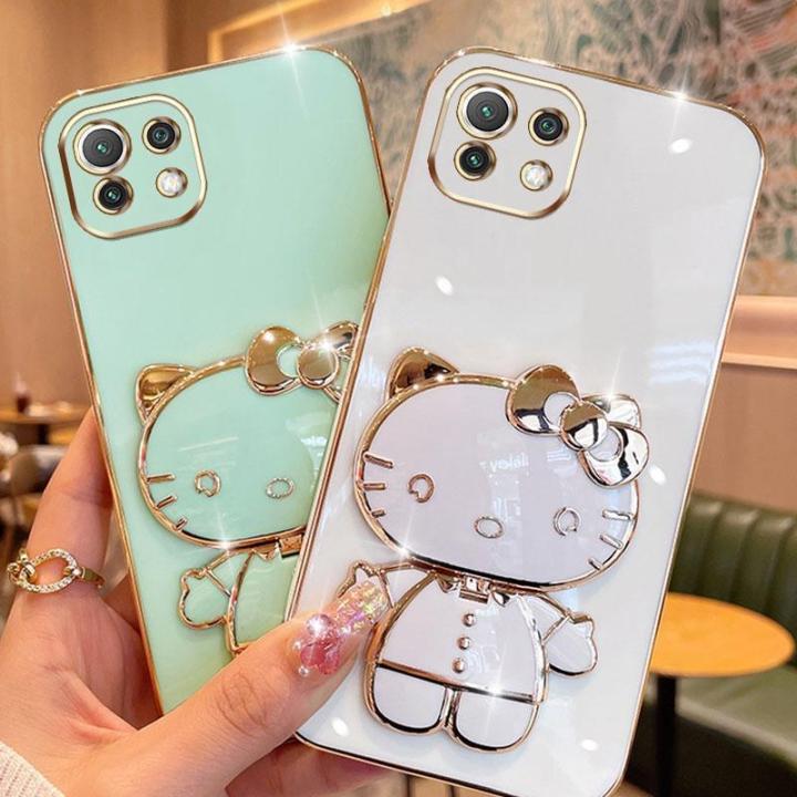 folding-makeup-mirror-phone-case-for-xiaomi-11-lite-4g-5g-xiaomi-12-lite-12-pro-case-fashion-cartoon-cute-cat-multifunctional-bracket-plating-tpu-soft-cover-casing