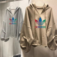 Adidase∮ Hoodie เกาหลีใต้ฤดูใบไม้ร่วง Hoodie พิมพ์หลวมบางแขนยาวคอวีเสื้อกันหนาว