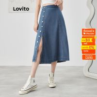 Lovito กระโปรงยีน ทรงเอ กระดุมหน้า สีพื้น สไตล์ลำลอง สำหรับผู้หญิง L47AD059 (สีน้ำเงิน)