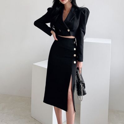 piaopiao, womens skirts, 2 pieces (top + skirt) OL temperament short suit + mid-length package hip skirt two-piece suit
