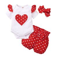 Newborn Baby Girls Suit for Childrens Clothes Ser Long Sleeve Kids Heart Print T-shirt+red Polka Dot Pants+Headband Outfits  by Hs2023