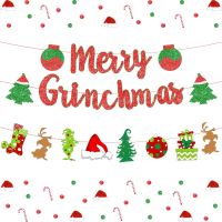 (MENGHONG)สุขสันต์วันคริสต์มาสแบนเนอร์ Grinch ธีมคริสต์มาสสำหรับบ้านคริสต์มาสวันหยุดของตกแต่งปาร์ตี้ปีใหม่