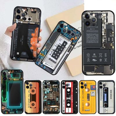 （cold noodles）    COOL Retro Cassette Case สำหรับ iPhone 11 13 12 Pro 7 XR X XS สูงสุด8 6 6S Plus 5 5S SE 2020 13Pro สีดำฝาครอบโทรศัพท์ Capa 14