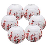 6 Pack 12Inch Red Cherry Flowers Paper Lantern White Round Chinese Japanese Paper Lamp for Home Wedding Party Decoration