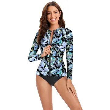 Women 2 Piece Rash Guard Long Sleeve Zipper Bathing Suit with Bottom Built  in Bra Swimsuit UPF 50 -XL