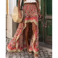 Boho Print Long Skirts Women Bottoms Elastic Waist Gypsy Ethnic Ladies Skirt