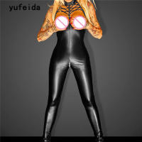 YUFEIDA y Women Faux Leather Black Bodysuit Black Open Crotch Latex Catsuit Fetish Costume PU Bodycon Jumpsuit