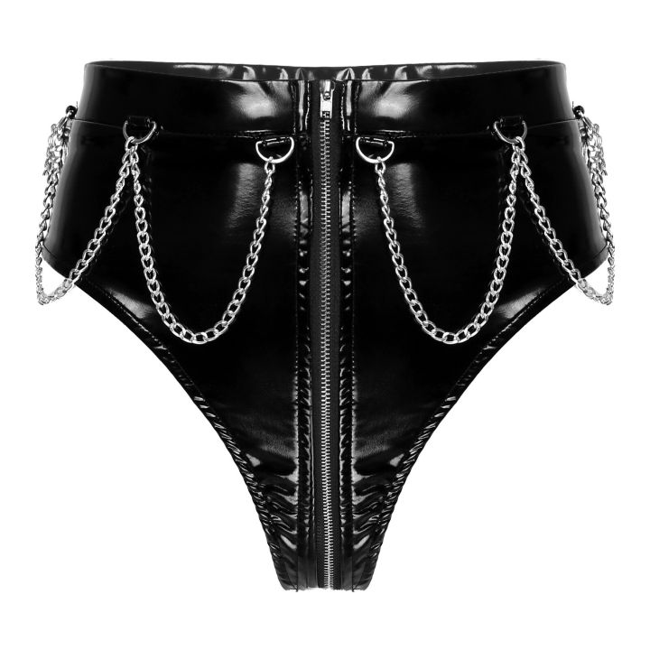 Black Women Latex Panties Shiny Wet Look Patent Leather Briefs High Waist Zipper Crotch Pants