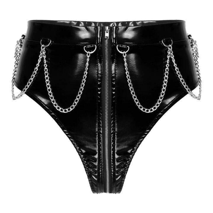 Black Women Latex Panties Shiny Wet Look Patent Leather Briefs High Waist Zipper Crotch Pants