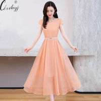 Women Summer Chiffon Dress  High Quality Short Sleeve Midi Dress Slim Waist Temperament Gentle Elegant Dress With Belt 3XL