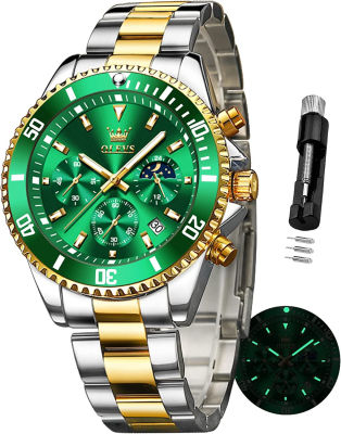 OLEVS Mens Watches Chronograph Luxury Dress Moon Phase Quartz Stainless Steel Waterproof Luminous Business Calendar Wrist Watch two tone green