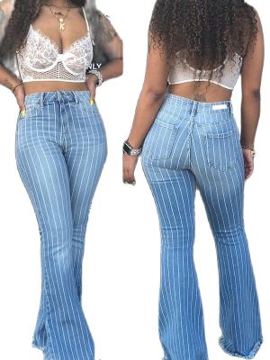 【CW】Fashion Striped Woman Flare Jeans Elastic Skinny Denim Wide-Leg Flare Pants Street Hipster Ripped Trousers S-2XL Drop shipping