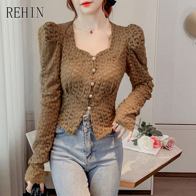 REHIN Women S Top New French Square Neck Lace Long Sleeve Shirt Short Waist Elegant Blouse
