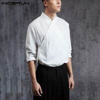 [Fashion goods060]INCERUN MenShirt Solid Color Long SleeveUp HanfuStand Collar ChineseMale ShirtsBlouse 5XL